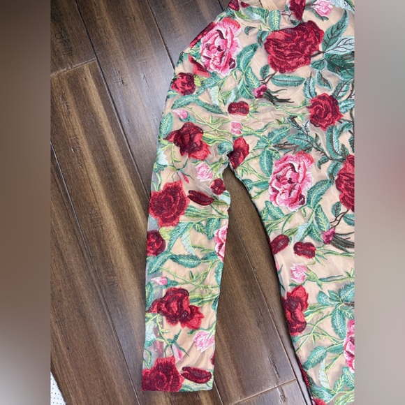 Size M Mock Neck Long Sleeve Mini Dress 3D Flowers Bodycon Tulle Red Pink Green - Picture 3 of 14